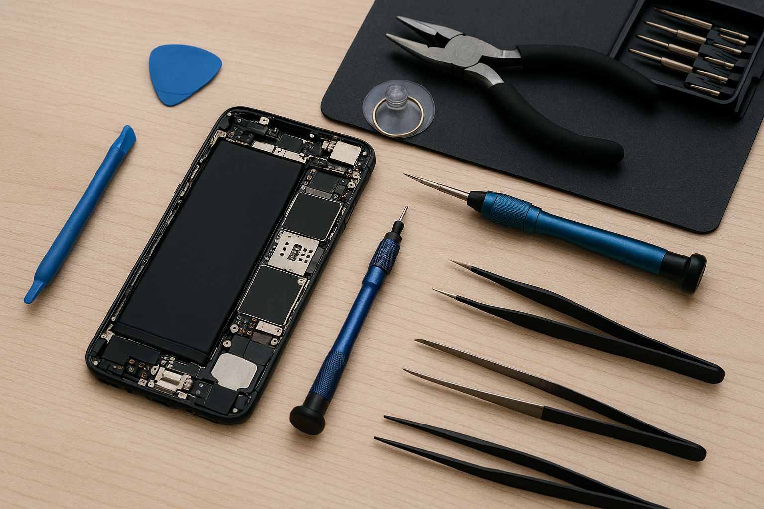 Repair workspace with tools and device